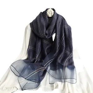 Elegant dark blue plaid wool silk scarf with gold line embroidery for women's fashion shawl