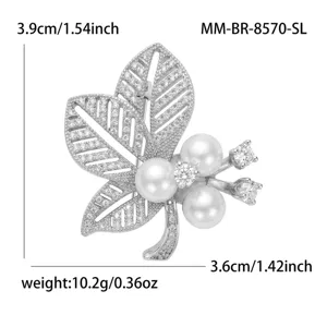 Elegante broche hoja perla plateada circonita brillante accesorio traje abrigo para mujer