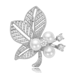 Elegante Broche de Hoja con Perla Artificial para Mujer de Cobre con Strass Incrustado para Traje Abrigo Accesorio de Joyería de Moda