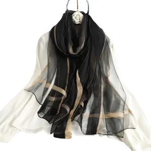 Women black gold striped silk wool blend scarf fashion elegant autumn winter long shawl