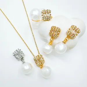 European Fashion Zirconia Pearl Jewelry Set Components Copper Inlaid Square Pendant Earrings Ring DIY Jewelry Accessories