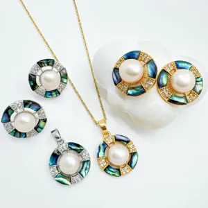 Closeup detail of fashion pearl jewelry set with mother-of-pearl and micro-inlaid rhinestones.