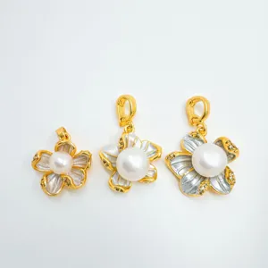 Gold flower pearl pendant charms DIY jewelry accessories for elegant necklace making 3pcs