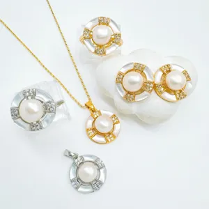 Pearl jewelry set detail showing geometric mother-of-pearl rings earrings pendant necklace.