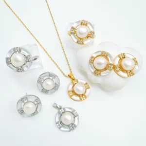 Luxury 18K Gold Plated Copper Pearl Jewelry Components White Abalone Shell Rhinestone Geometric Stud Earrings Pendant Ring