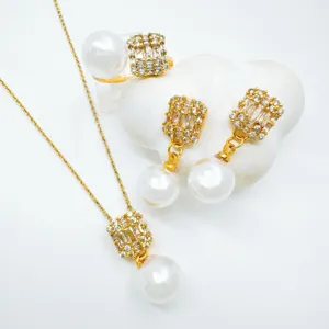 Gold plated zircon pearl jewelry set necklace earrings ring elegant fashion accessories