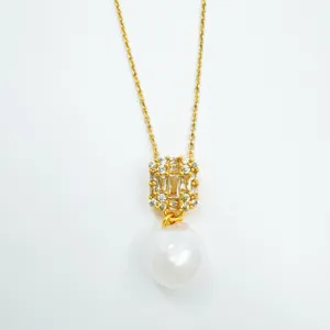 Exquisite gold-plated crystal block pendant necklace with a lovely dangling white pearl.