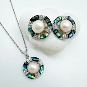 Elegant pearl jewelry set necklace and earrings featuring colorful abalone shell and zircons.