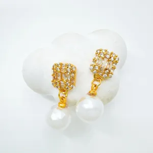 Elegant gold-plated cubic zirconia baguette and white pearl drop earrings for women.