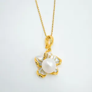 Elegant gold chain necklace featuring a pearl flower pendant with delicate petals.