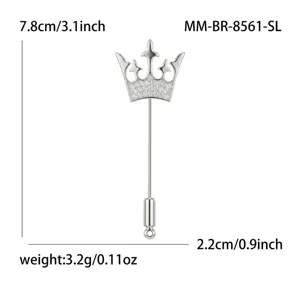 Elegante spilla a corona argento per donne, spillina con strass lucidi e dimensioni.