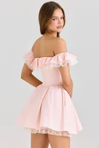 Robe courte française rose épaules dénudées volants dentelle taille élégante femme