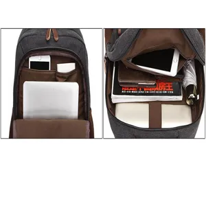 Détail intérieur du sac à dos en toile avec compartiment spacieux pour ordinateur.