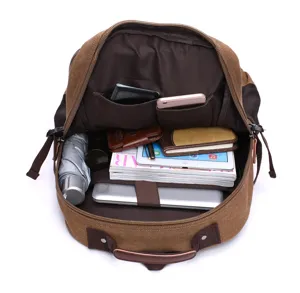 Canvas backpack interior view showing large capacity, multiple pockets, neat daily storage.