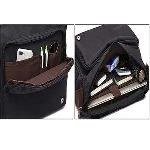 Bolso bandolera de lona multibolsillo vista detallada con compartimentos interiores.