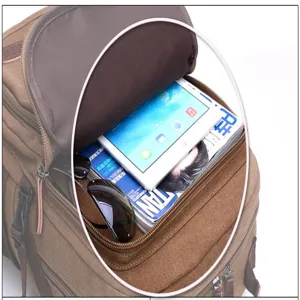 Canvas backpack interior detail showing large capacity, perfect for school, travel and laptop.