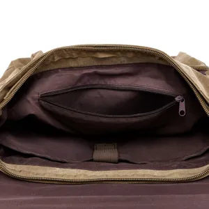 Canvas messenger bag interior view showing spacious main compartment and secure zipper pocket.
