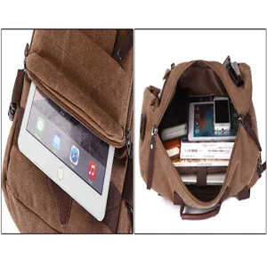 Vintage canvas backpack and travel bag with large capacity, multi-pocket compartment detail.
