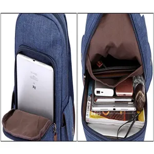 Blue waterproof multi-functional backpack detail, showing large capacity and internal compartments.