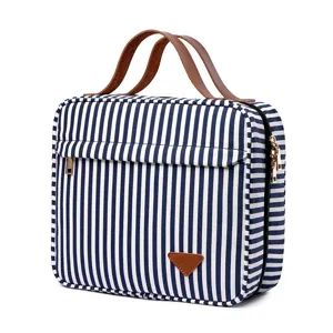 Casual Canvas Striped Cosmetic Bag Large Capacity Portable Multilayer Travel Toiletry Organizer Handbag For Women