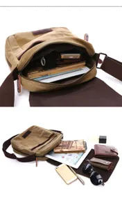 Men casual canvas messenger shoulder bag detail capacity display, stylish outdoor computer bag.