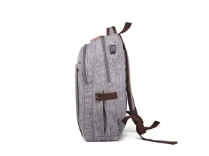 Grey casual backpack with USB charging port, multi-pocket school bag for daily commuting.