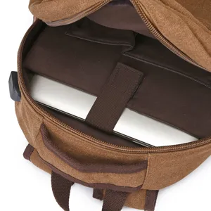 Canvas Laptop Rucksack Innendetail mit Computerfach und Taschen für den täglichen Gebrauch.