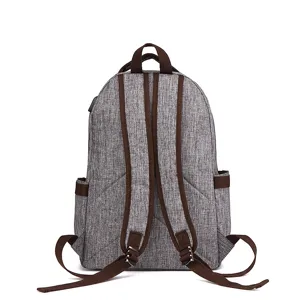 Grey water-resistant casual backpack with brown straps, back view of student laptop bookbag.