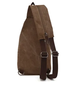 Brown canvas sling backpack for men and women, versatile chest bag detail view, casual daypack.