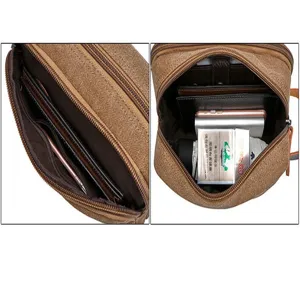 Borsa lavaggio in tela vista dettagliata, interno multi-scomparto per spazio.