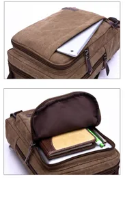 Detalle de bolso bandolera de lona marrón que muestra compartimentos con cremallera y espacio.