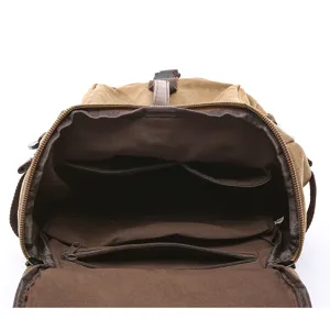 Vintage canvas backpack, large capacity travel school bag with inner pockets, brown vert.