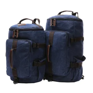 Vintage blue canvas backpack, large capacity cylindrical travel bag and outdoor student schoolbag.