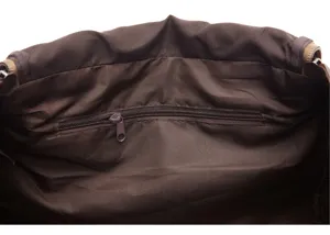 Travel duffel bag interior pocket detail, durable brown fabric lining for organizing gear.