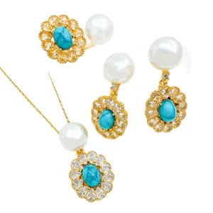 Vintage Perle Türkis Schmuckset mit Halskette Anhänger und Ohrringen mit funkelnden Zirkonsteinen.