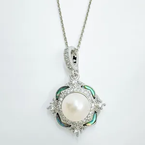 Elegant pearl pendant necklace with sparkling rhinestones and green shell inlay design.