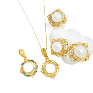Luxury DIY pearl jewelry set necklace earrings ring gold plated zirconia accessories