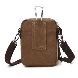 Canvas tactical waist bag detail view, multi-purpose shoulder pouch with metal hardware.