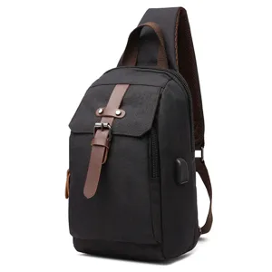 Herren Lässig Schwarz Sling Rucksack Wasserdicht Canvas Umhängetasche mit USB Ladeanschluss