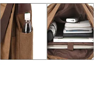 Vista dettagliata della borsa a tracolla in tela da uomo con tasche e grande capacità interna.