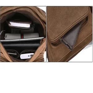 Borsa a tracolla in tela marrone dettaglio interno multi-tasche capacità e chiusura zip.