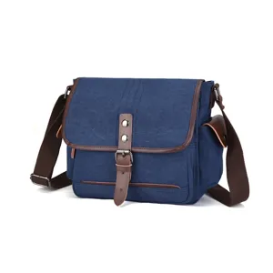 Borsa a tracolla casual in tela blu per uomo e donna, elegante borsa vintage multiuso.
