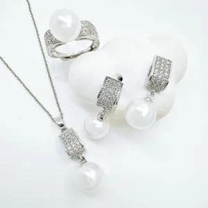 18K Gold Plated Copper Pearl Jewelry Set Women DIY Pendant Earrings Ring Accessories Wedding Elegant Rhinestone Inlaid Jewelry