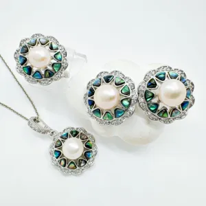 Vergoldetes Kupfer Rundes Blumenmuster Natürliches Perlmutt Abalone Muschel Strass Schmuckkomponenten DIY Anhänger Ohrring Ring Basis Einstellungen
