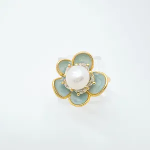 Fashion luxury green enamel camellia pearl ring, elegant copper gold plated jewelry.