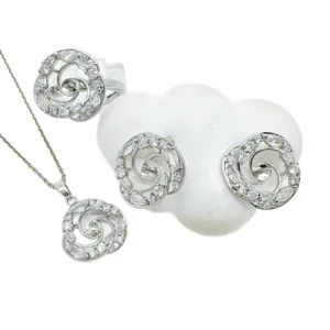 Elegant silver-plated zircon spiral flower jewelry set including necklace, earrings and ring.