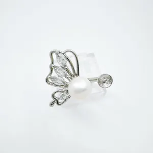 Silberner Schmetterlingsbauchnabelring mit Perle und Zirkonia fuer Damen Koerperschmuck