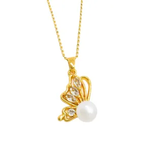 Goldene Schmetterling Perle Anhänger Halskette, elegante zarte Kristallschmuck für Damen.