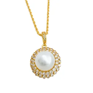 Elegante vergoldete Perlen-Anhänger Halskette mit funkelndem Zirkonia-Heiligenschein.