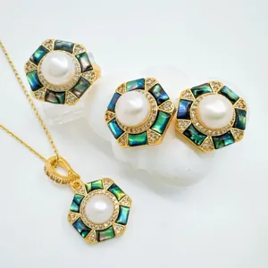 Closeup detail of hexagonal mother of pearl pearl jewelry set pendant ring earrings.